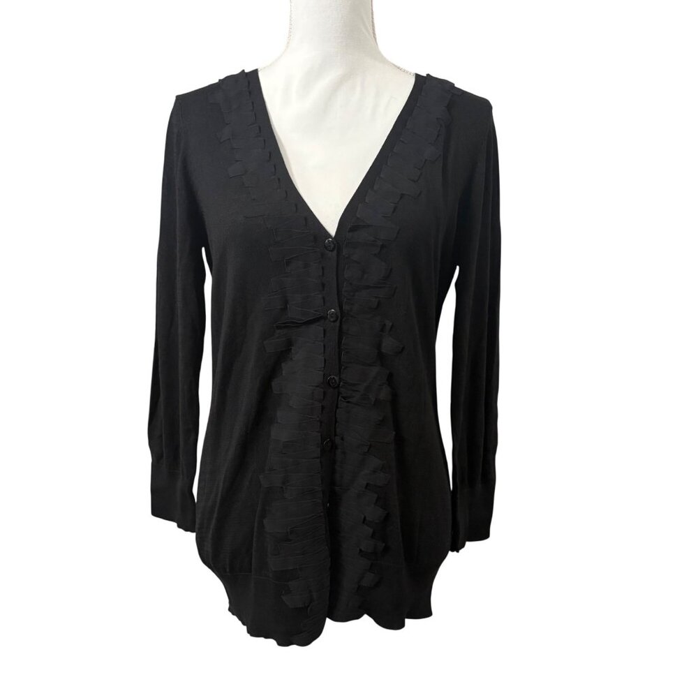 Black Ruffle Front Dark Academia Button Down Vintage Inspired Cardigan Womens L